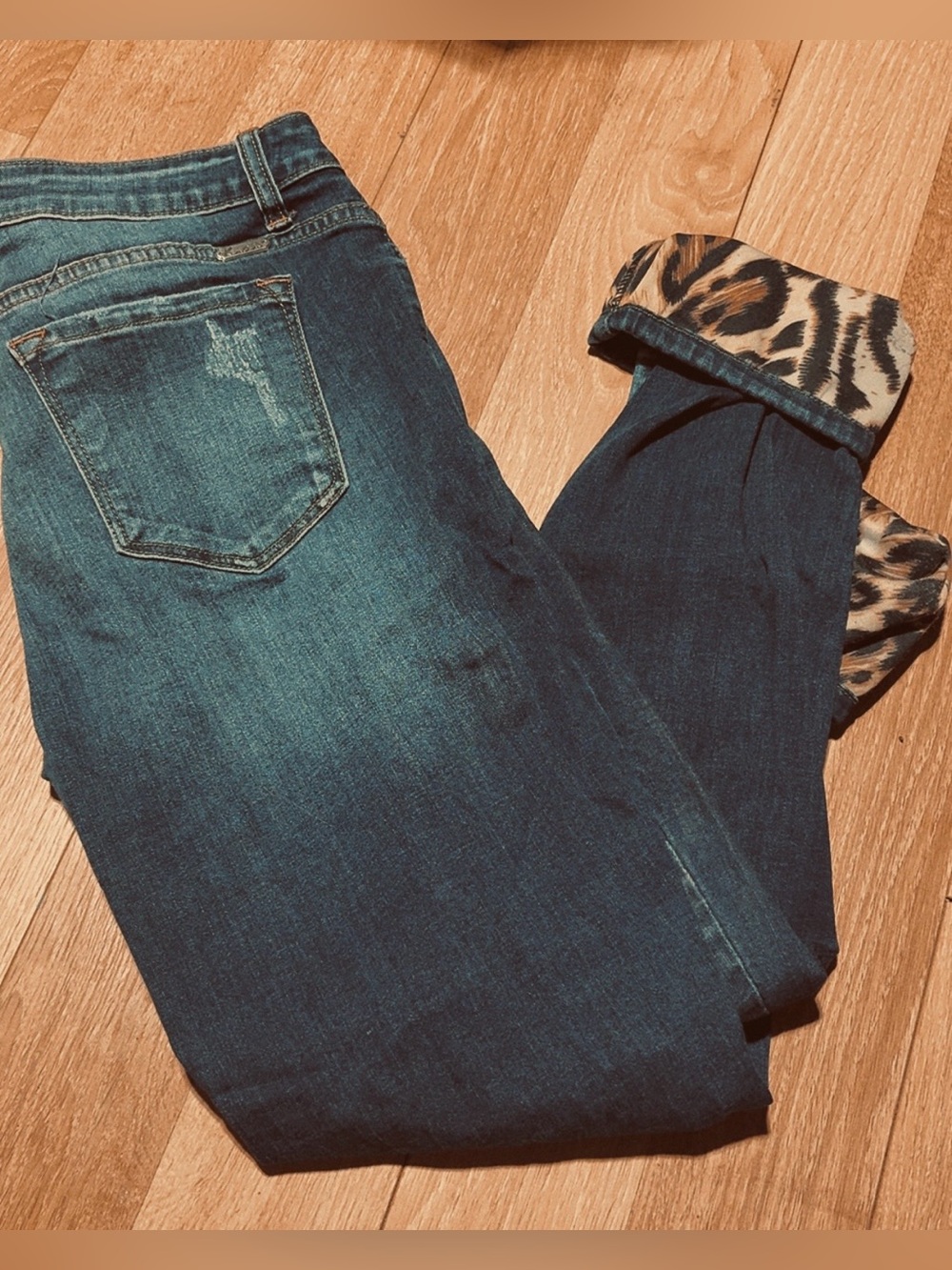 KanCan Dark Blue Ripped Skinny Jeans with Leopard Lining - Picture 2 of 2